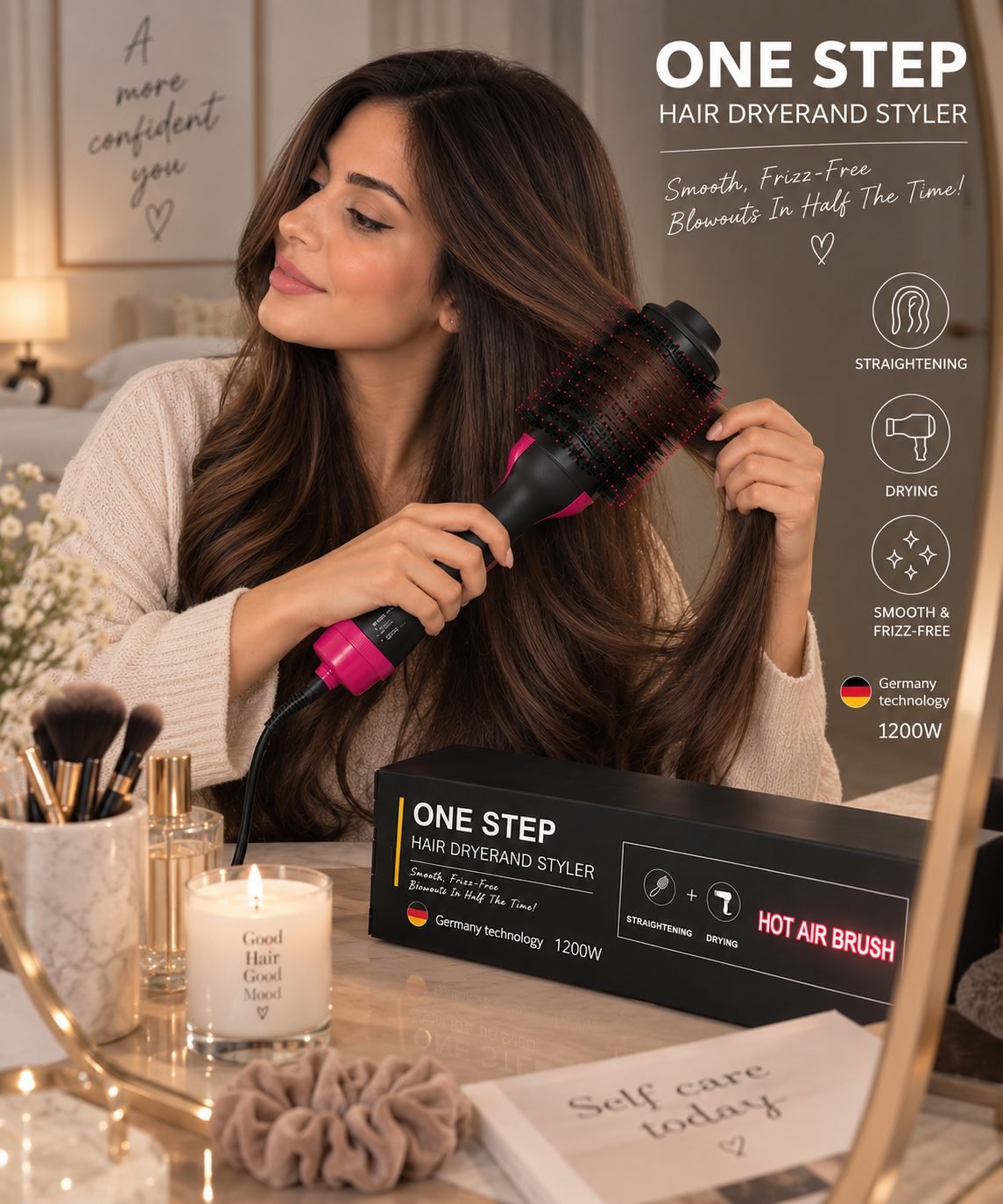 امرأة تستعمل مشط One Step Glow الحراري لتصفيف شعرها