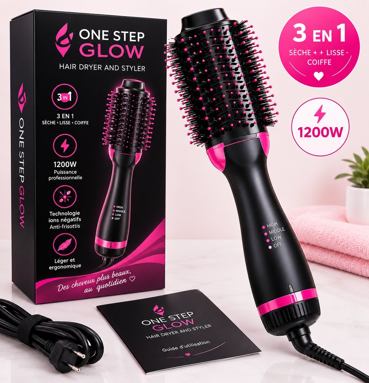 مميزات مشط One Step Glow الحراري - 3 في 1 بقوة 1200 واط