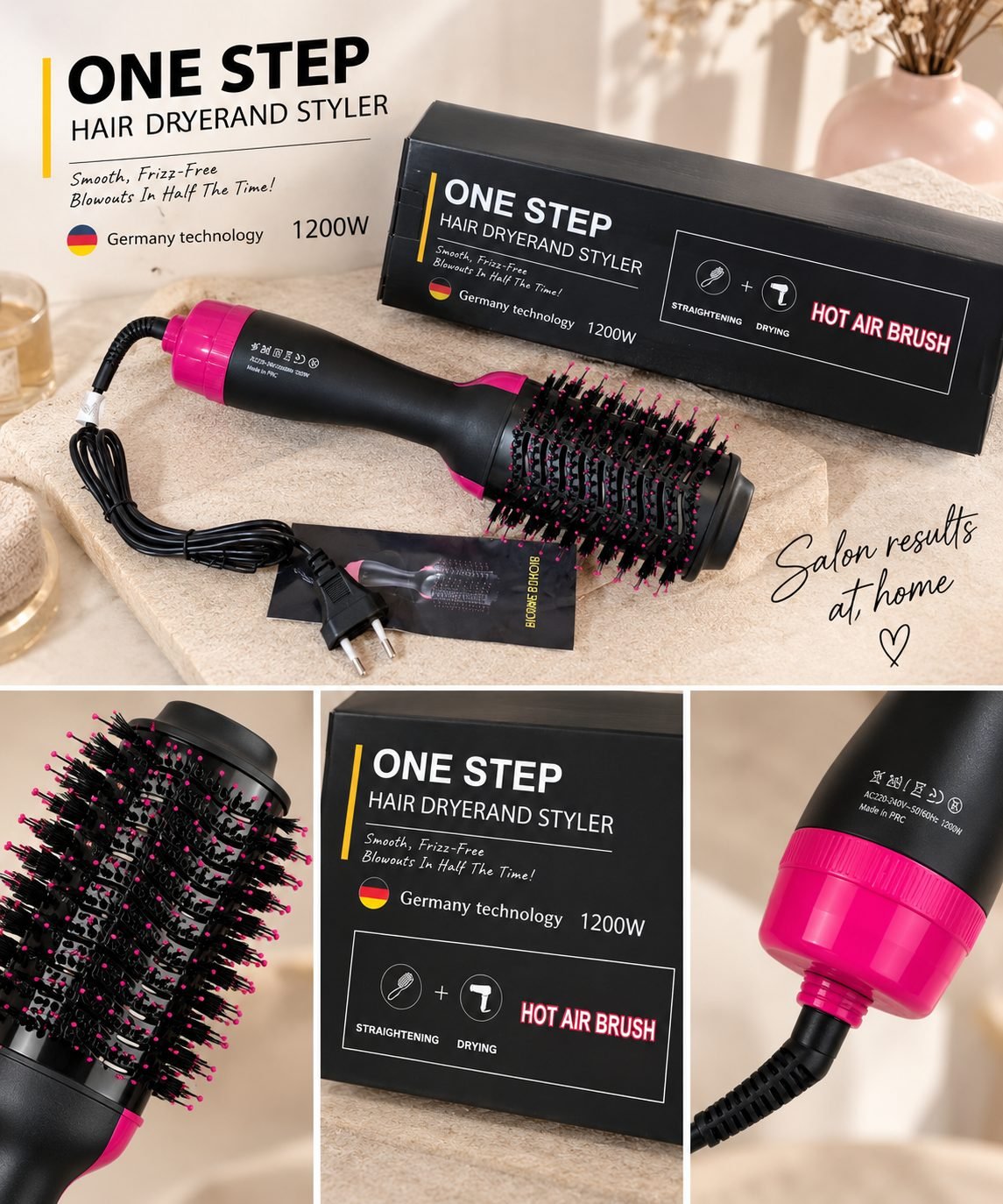 المشط الحراري One Step Glow والعلبة مع تفاصيل الفرشاة